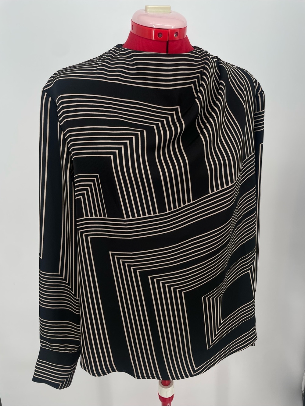 H&M Black Cream Geometric Striped Draped Front Long-sleeve Work Blouse